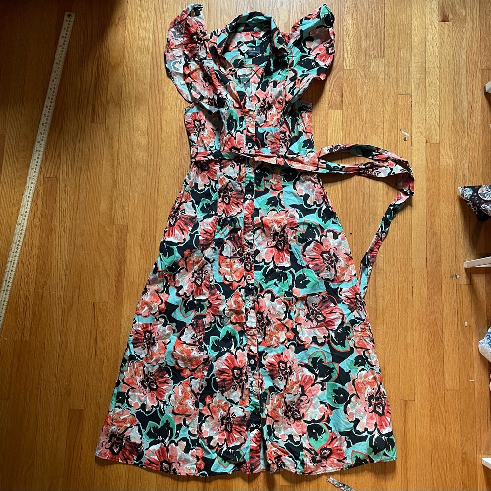 Maeve Anthropologie Floral Button Down Cotton Midi Dress Size S Flutter Sleeves